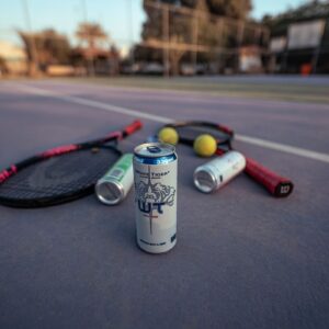 Close-up of energy drink cans on a tennis court with rackets and balls at sunset.