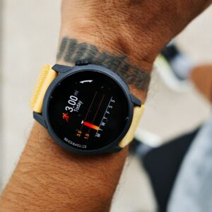 Close-up view of a smartwatch tracking a 3-mile run, worn by a male runner in Houston, TX.