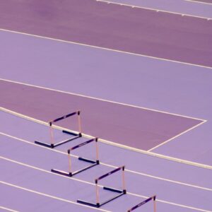 A purple track with a row of poles in the middle of it